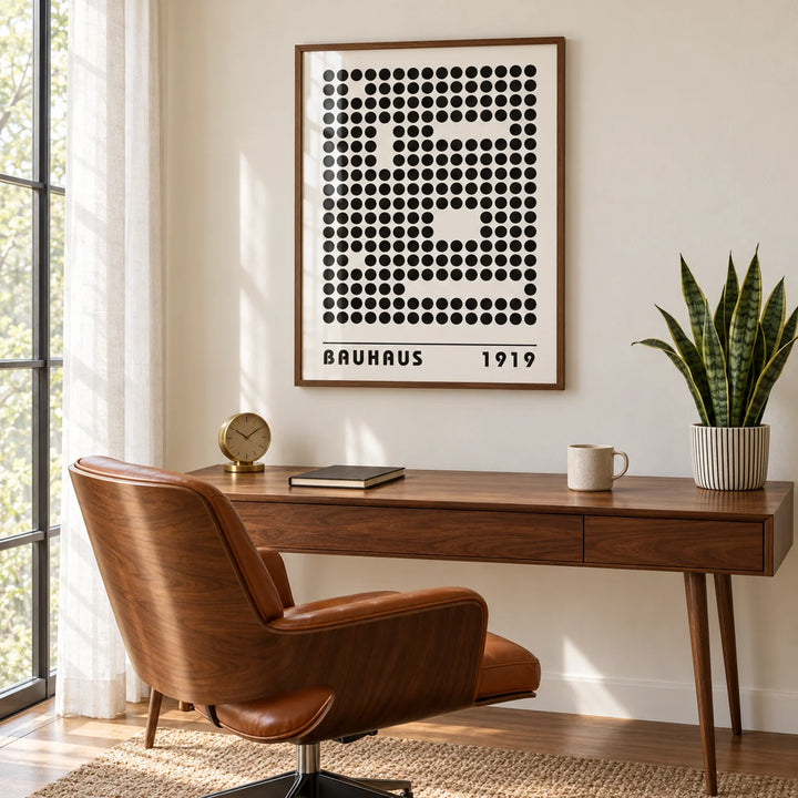 Bauhaus Prints, framed on the wall of a mid-century study by a tall window with a sheer curtain