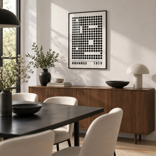 Bauhaus Prints, framed on the wall of a modern dining room with a white wall