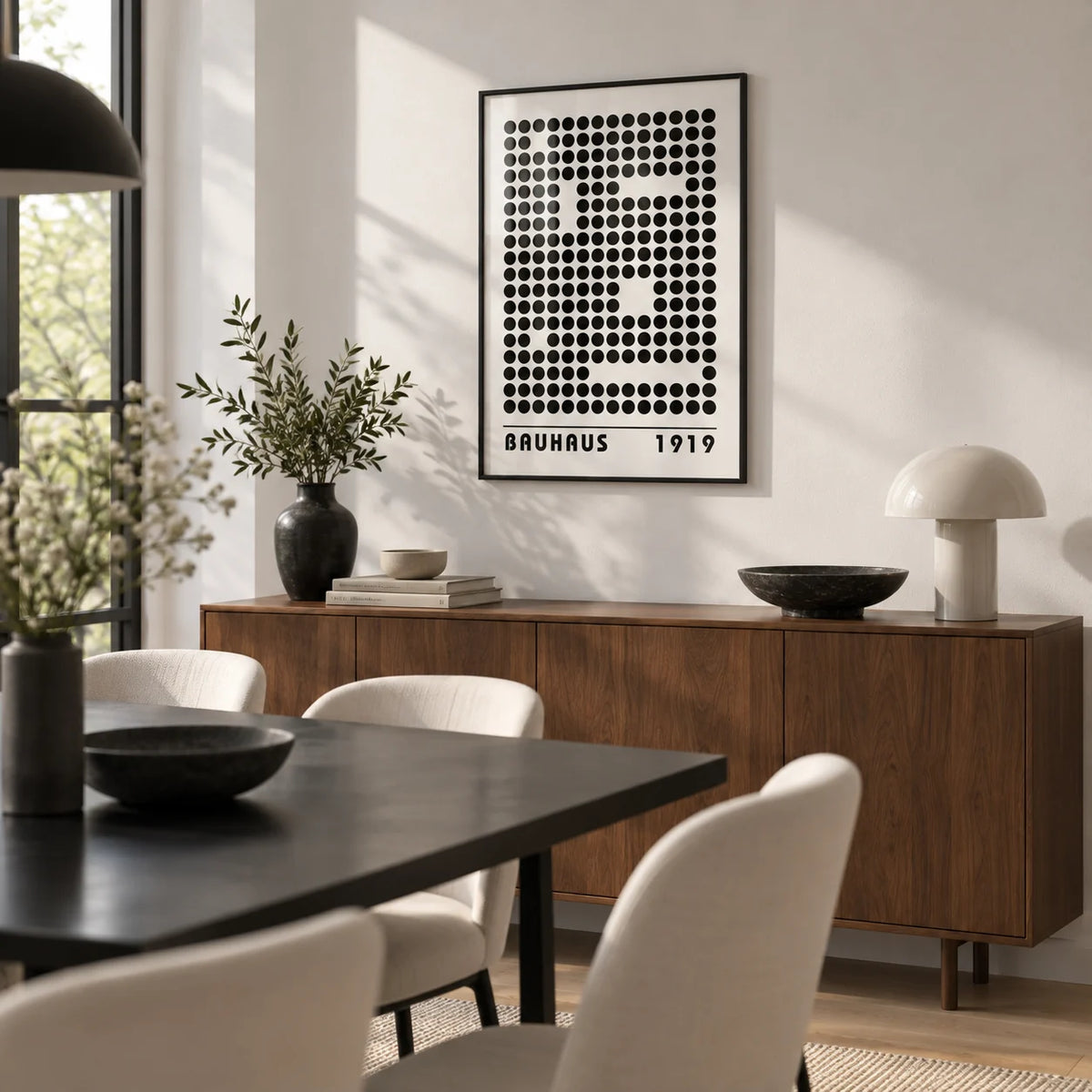 Bauhaus Prints, framed on the wall of a modern dining room with a white wall