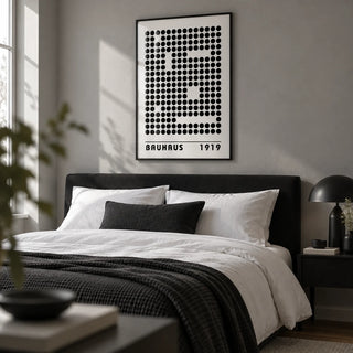 Bauhaus Prints, framed on the wall of a monochrome bedroom with a soft grey wall