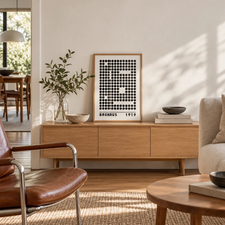 Bauhaus Prints, a small A4 framed print leaning on a low pale wooden side table in a hallway