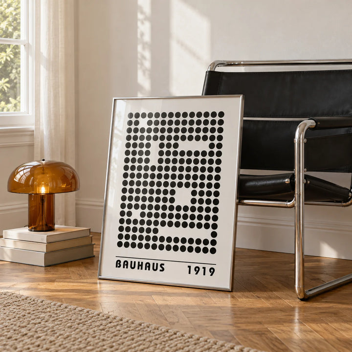 Bauhaus Prints, framed on the wall of a white room corner with soft daylight and herringbone oak parquet in a living room