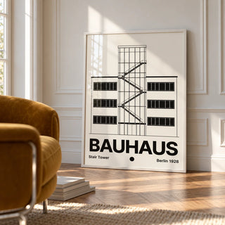 Bauhaus Staircase Print, framed on the wall of a bright room with white panelled walls and a herringbone floor in a living room