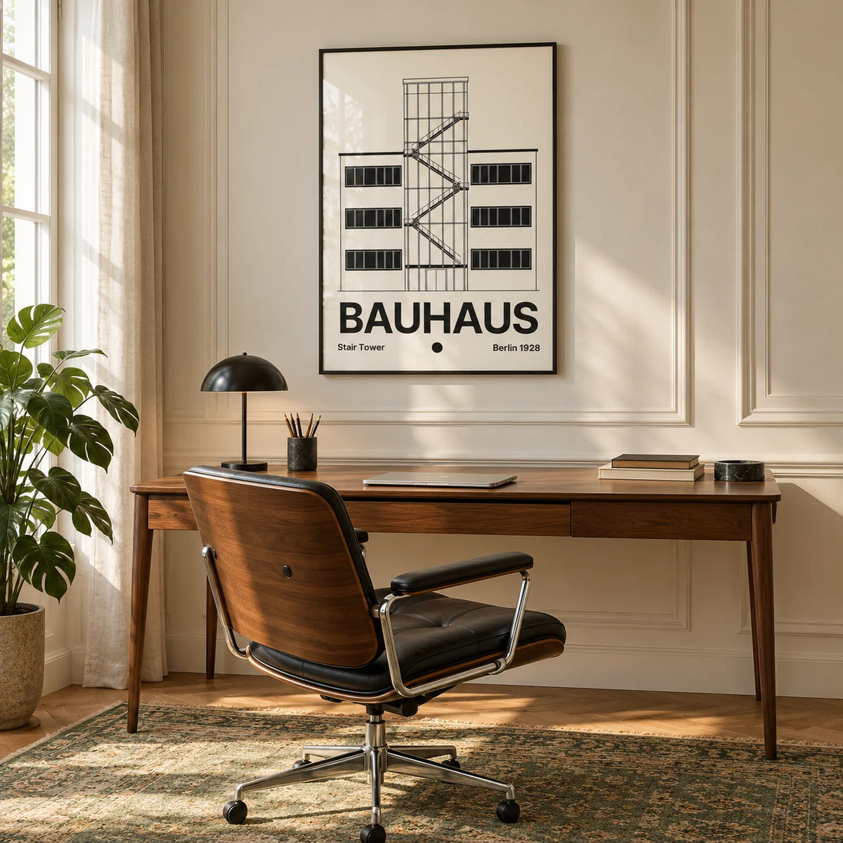 Bauhaus Staircase Print, framed on the wall of a calm home office with cream panelled walls and a vintage green rug