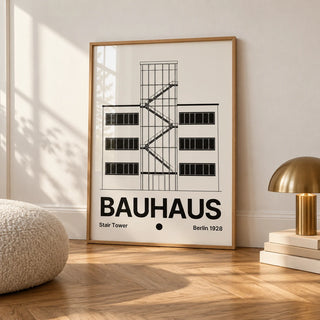 Bauhaus Staircase Print, framed on the wall of a calm white room with a white skirting board and herringbone oak parquet