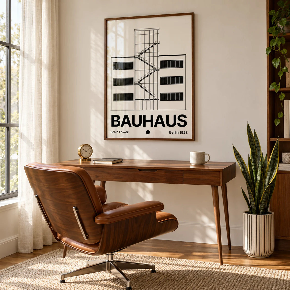 Bauhaus Staircase Print, framed on the wall of a mid-century study by a tall window with a sheer curtain