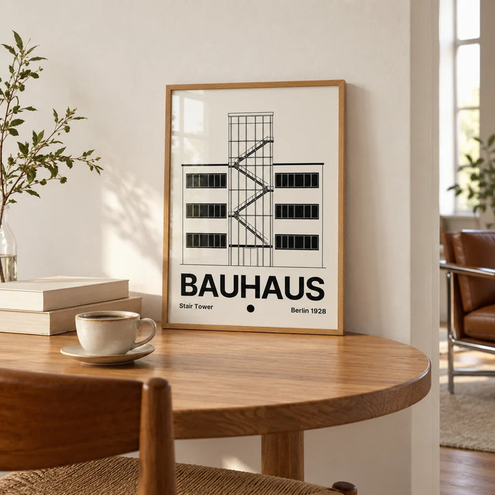 Bauhaus Staircase Print, a small A4 framed print leaning on a round oak table