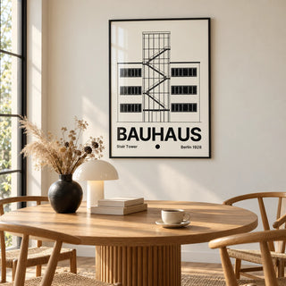 Bauhaus Staircase Print, framed on the wall of a warm in a dining room