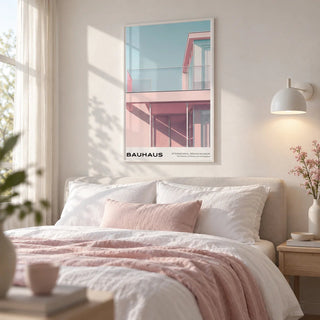 Bauhaus Style, framed on the wall of a calm modern bedroom
