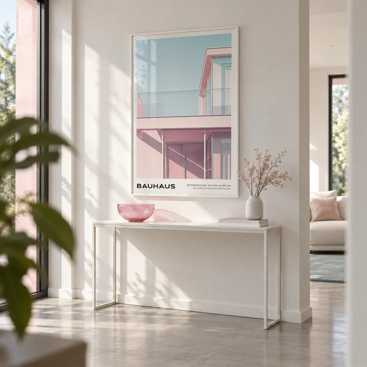 Pink and Blue Art, framed on the wall of a crisp modern hallway