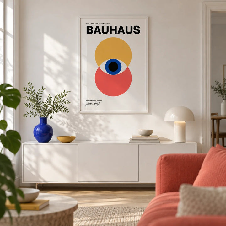 Bauhaus Style Poster, framed on the wall of a bright design-led city flat with a white wall in a living room