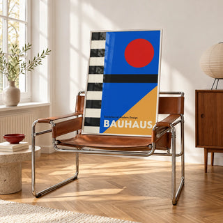 Bauhaus Style Poster, framed on the wall of a bright white room with tall white walls and warm herringbone oak parquet in soft morning light in a living room