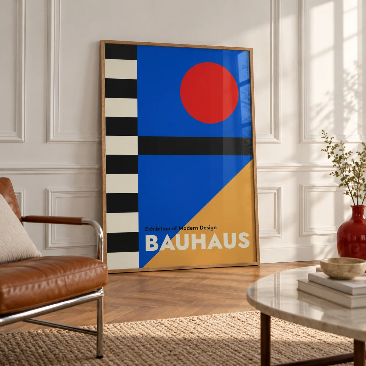 Bauhaus Style Poster, framed on the wall of an elegant room with white panelled walls with classic mouldings and a herringbone oak floor in soft side light
