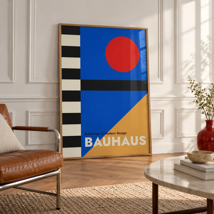 Bauhaus Style Poster, framed on the wall of an elegant room with white panelled walls with classic mouldings and a herringbone oak floor in soft side light