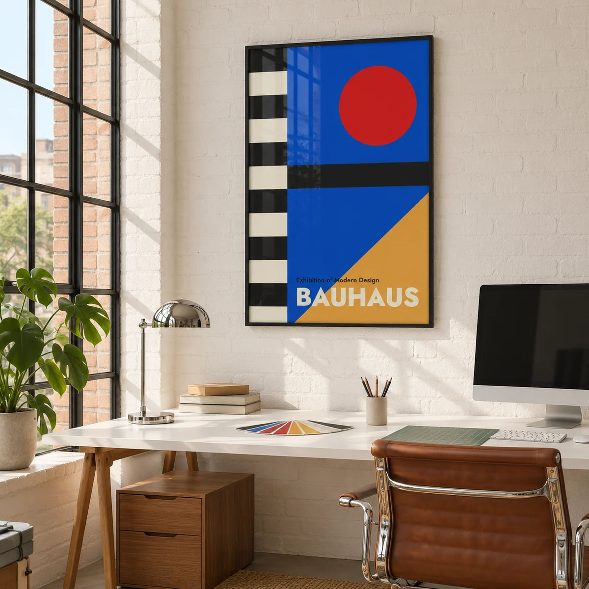 Bauhaus Style Poster, framed on the wall of a graphic designer's studio with white painted brick walls and big black factory windows in a home office