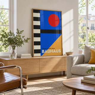 Bauhaus Style Poster, framed on the wall of a light living room with big windows