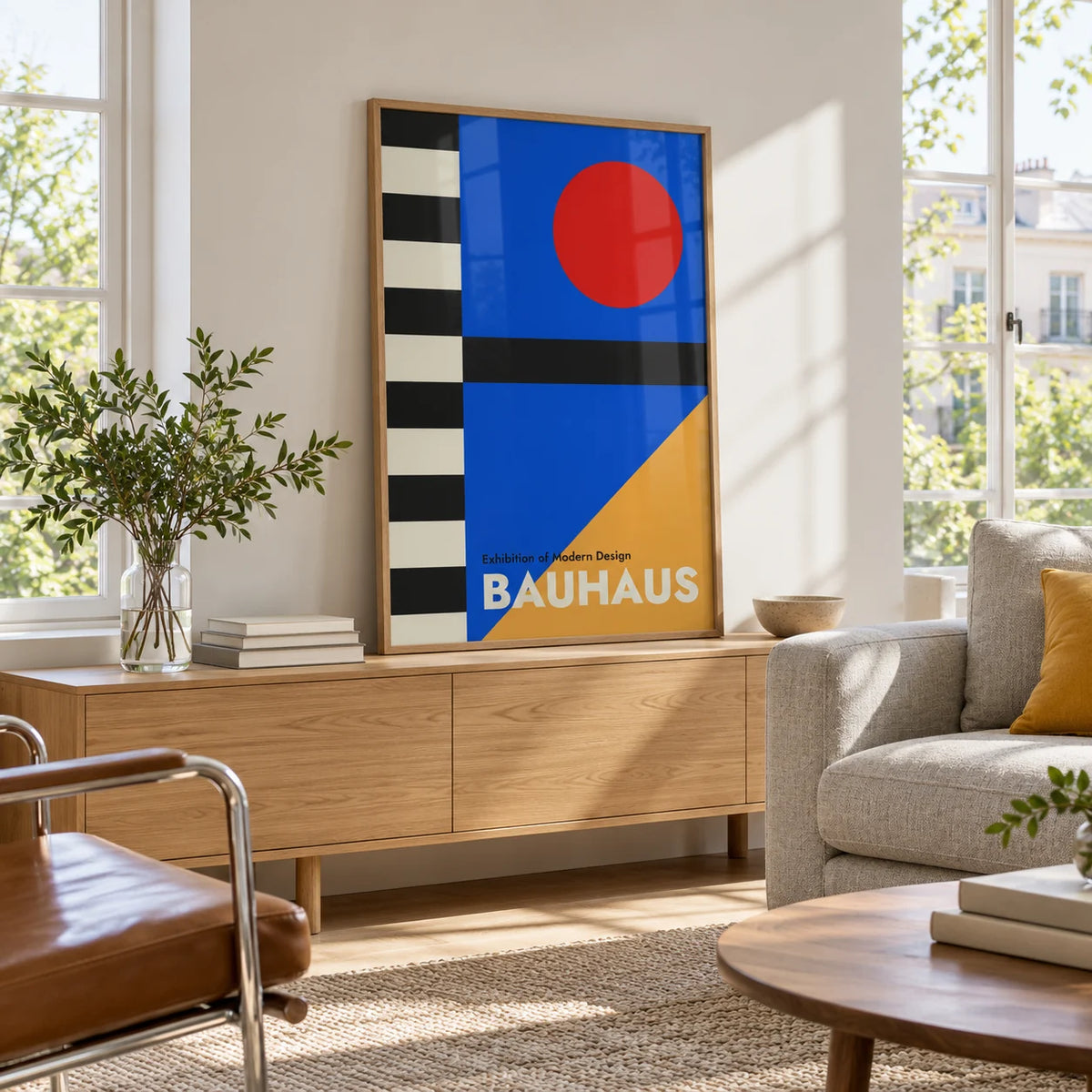 Bauhaus Style Poster, framed on the wall of a light living room with big windows