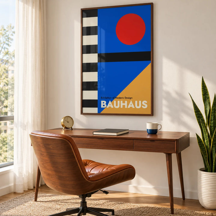 Bauhaus Style Poster, framed on the wall of a mid-century study by a tall window with a sheer curtain