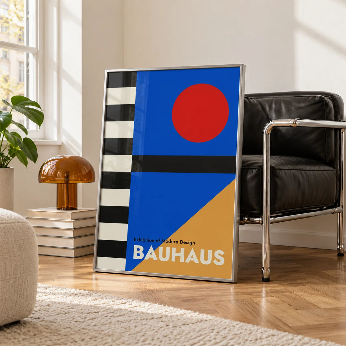 Bauhaus Style Poster, framed on the wall of a white room corner with soft daylight and herringbone oak parquet in a living room