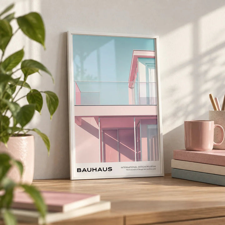 Pink and Blue Art, a small A4 framed print leaning on a light oak desk