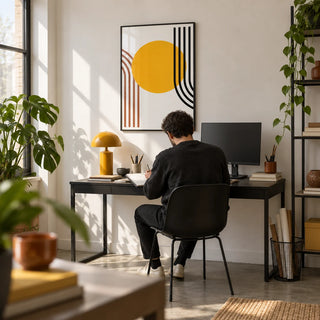 Bauhaus Sun Print, framed on the wall of a design studio corner in a flat with a white wall and concrete floor in a home office
