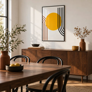 Bauhaus Sun Print, framed on the wall of a modern dining room with a white wall