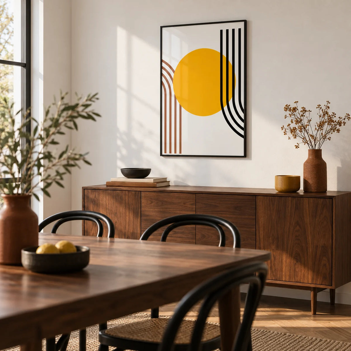 Bauhaus Sun Print, framed on the wall of a modern dining room with a white wall