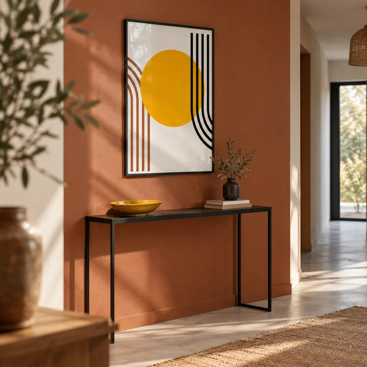 Bauhaus Sun Print, framed on the wall of a modern hallway with a rust terracotta painted wall and a pale floor