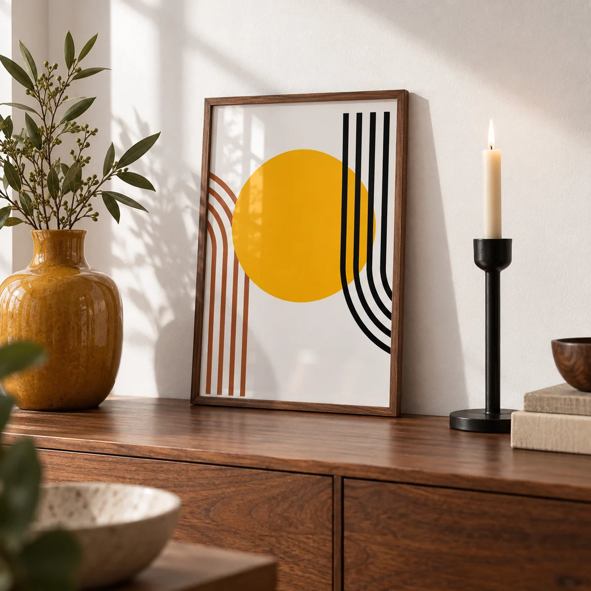 Bauhaus Sun Print, a small A4 framed print leaning on a walnut sideboard in a living room