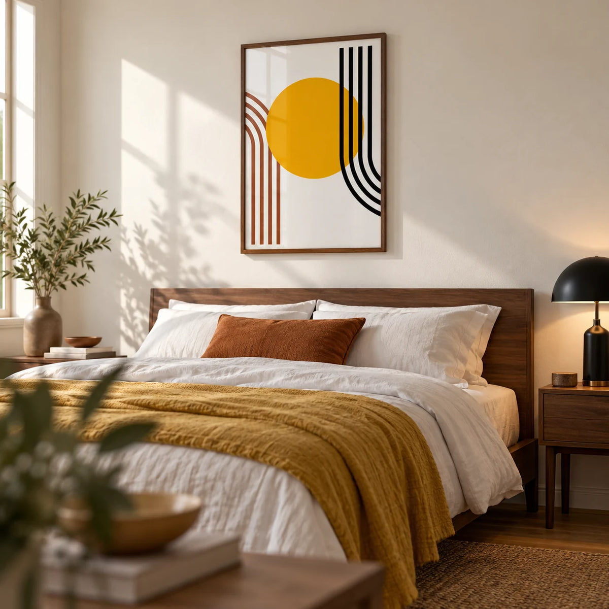 Bauhaus Sun Print, framed on the wall of a warm modern bedroom with a soft white wall