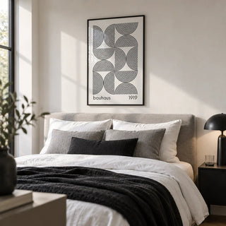Bauhaus Wall Art, framed on the wall of a crisp modern bedroom