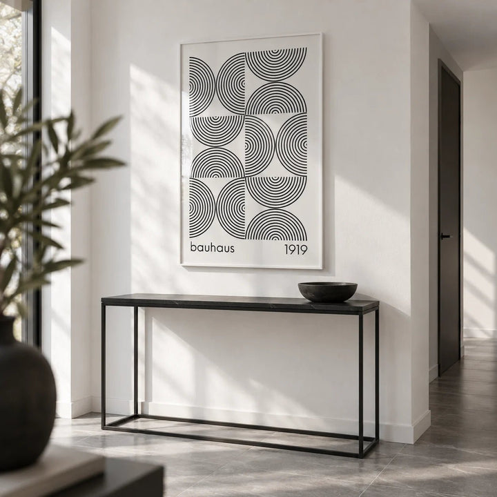 Bauhaus Wall Art, framed on the wall of a crisp modern hallway