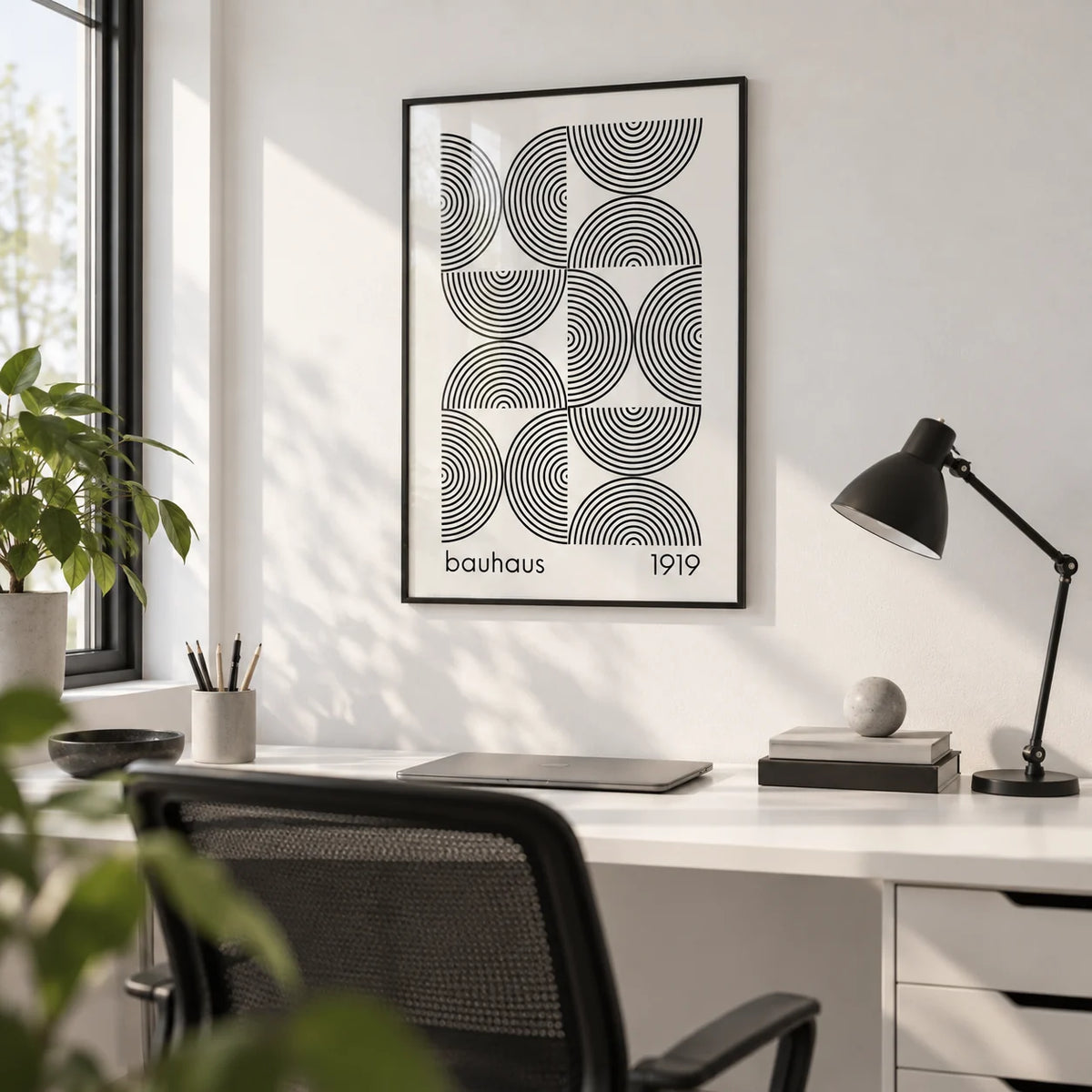 Bauhaus Wall Art, framed on the wall of a graphic designer's home studio in a home office