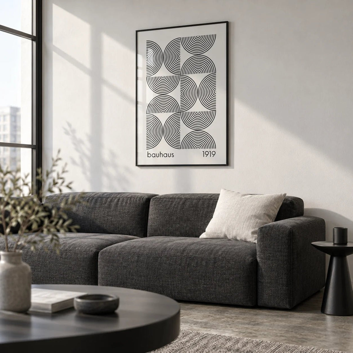Bauhaus Wall Art, framed on the wall of a modern city flat living room