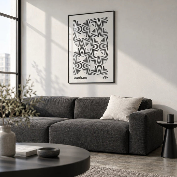 Bauhaus Wall Art, framed on the wall of a modern city flat living room