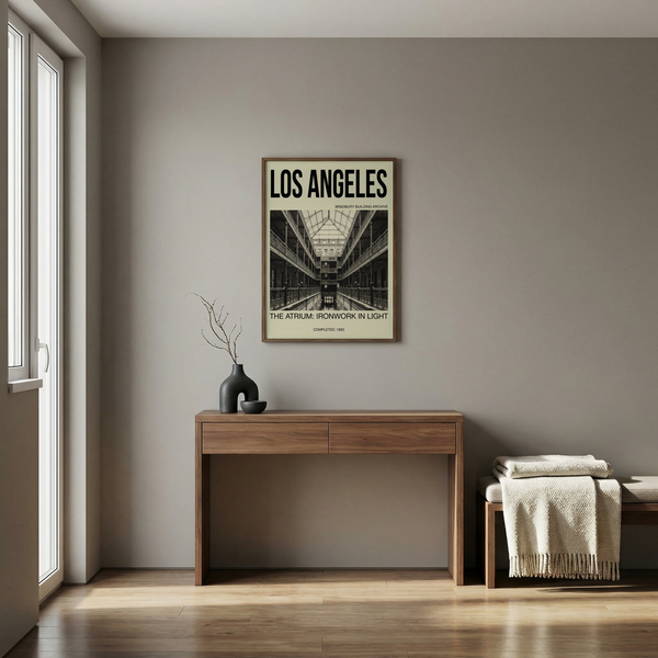 Interior architecture wall art print focused on long corridor-like atrium depth and railings