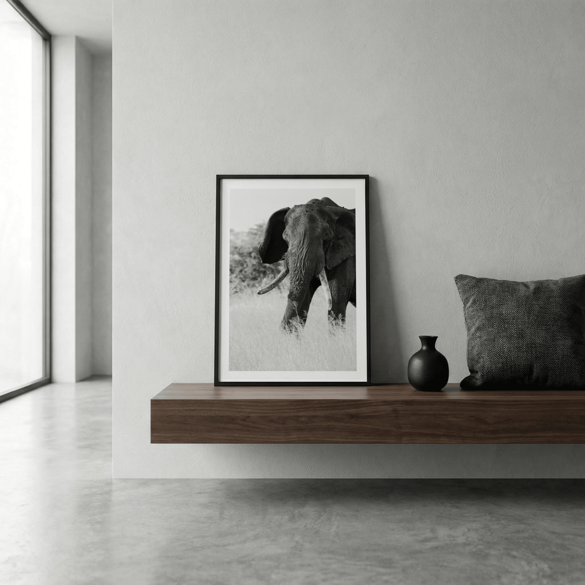 Minimal elephant portrait wall art print with strong contrast and negative space