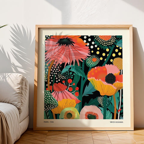 Kusama-inspired flower artwork featuring unique patterns.