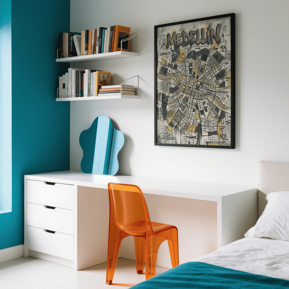 Bottom area wall art poster with grid pattern blocks and marker-style outlines