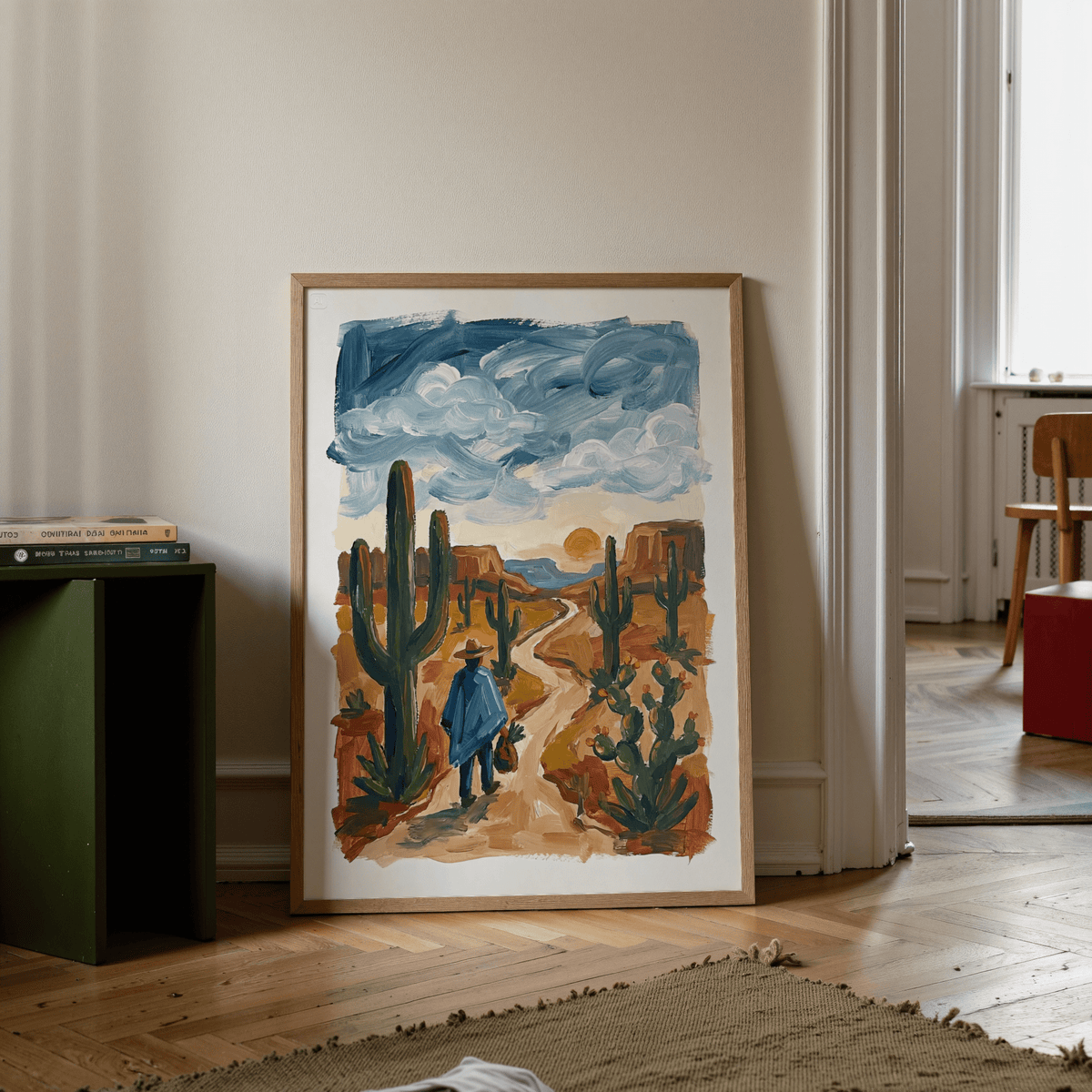 Desert-inspired Sunset Cactus Poster Print in brown for hallway poster art