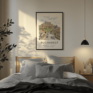 Hand-drawn Bucharest Cityscape Art Print featuring café tables and vintage cars along boulevard