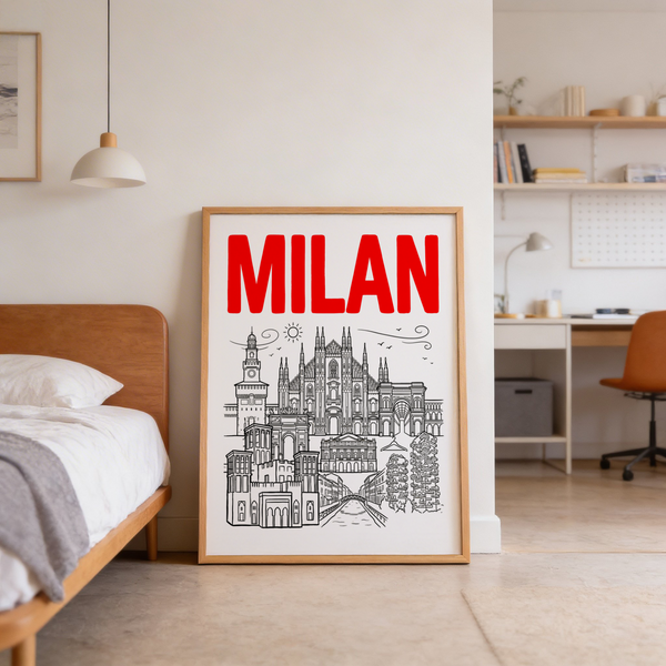 Travel-themed Milan city skyline wall art print with central cathedral illustration