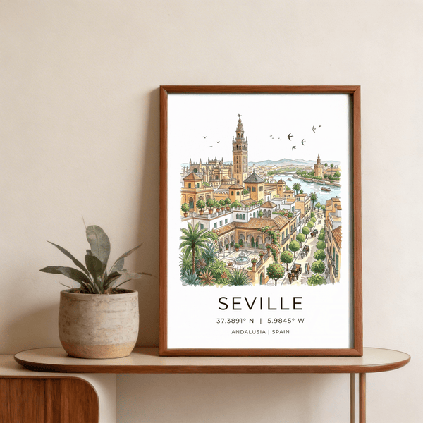 Seville Art Print with skyline illustration, tower landmark, and “SEVILLE” text