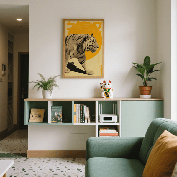 Tiger Art Print in beige yellow for creative space decor