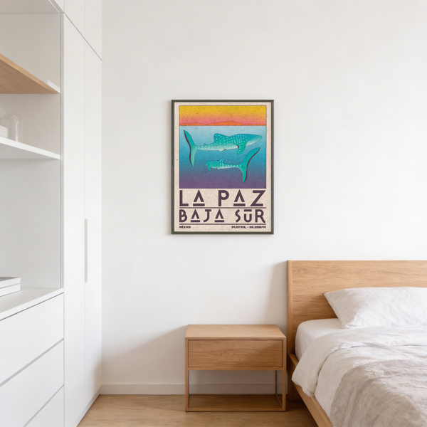 La Paz Mexico Poster presenting whale sharks under a minimalist sky