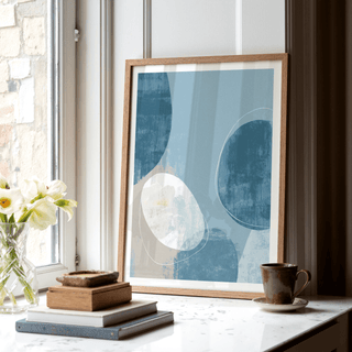 Graphic abstract wall art print with large ovals, negative space, and thin contour line