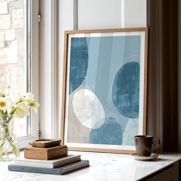 Graphic abstract wall art print with large ovals, negative space, and thin contour line