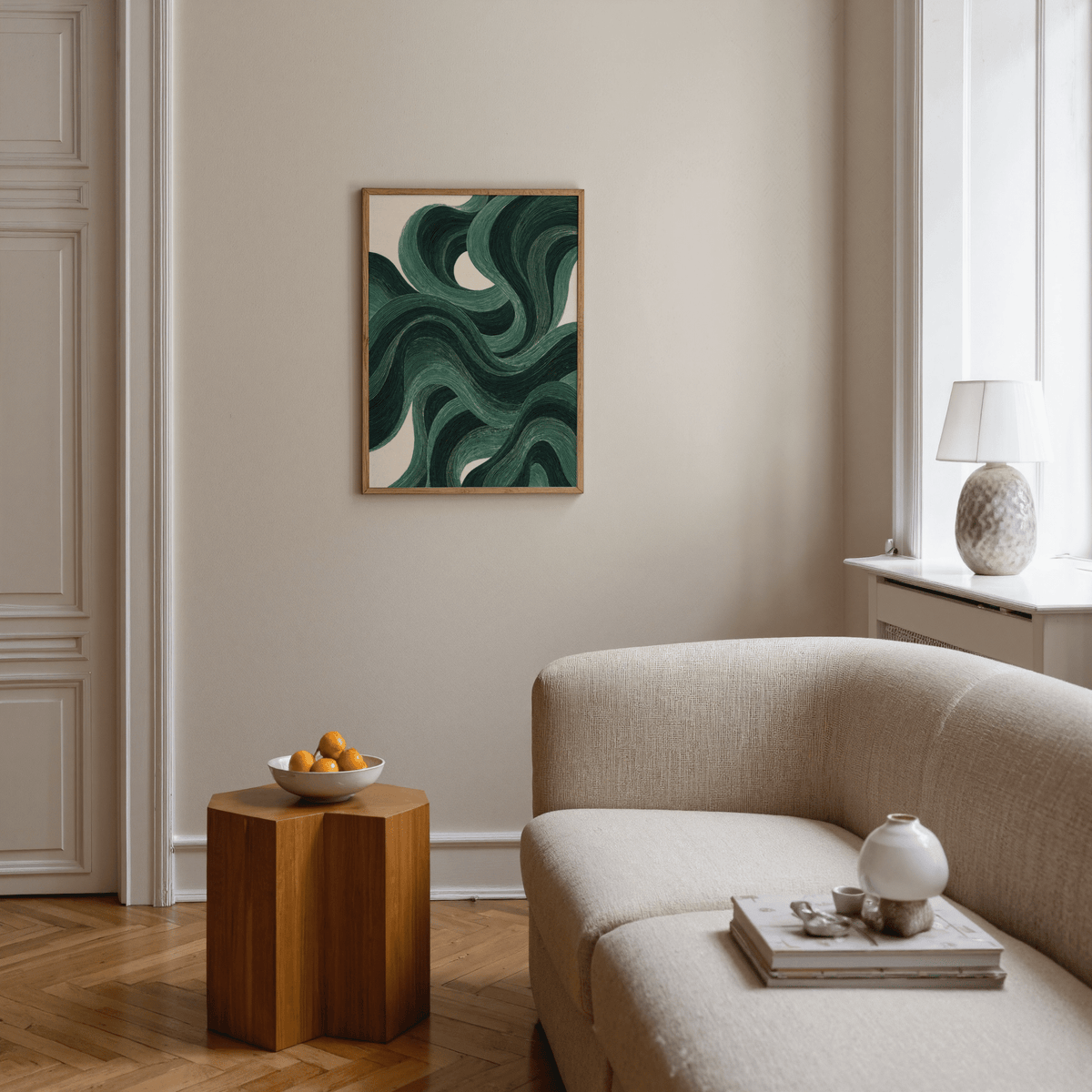 Green Modern Swirl Poster for bedroom wall decor in abstract style