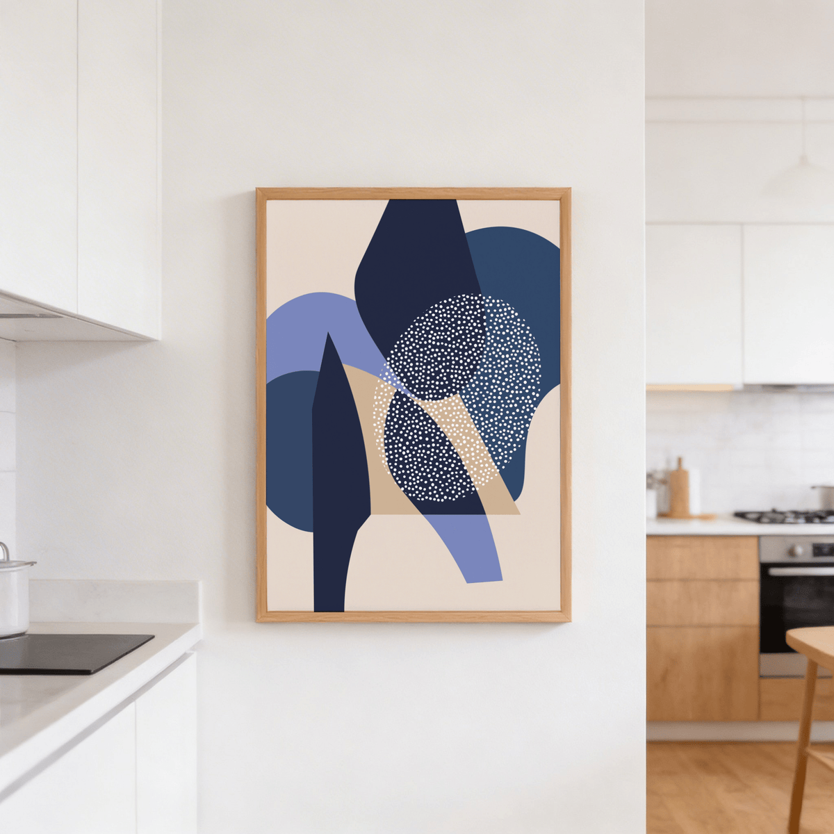 Contemporary abstract poster with stacked geometric cutout shapes and dot field detail