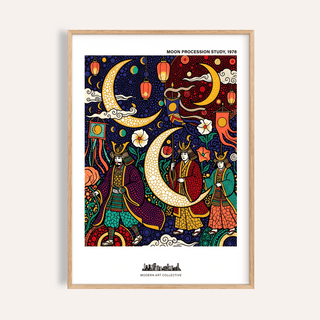 Moon procession illustration with lanterns, crescent moons, and robed figures